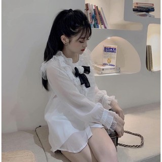 Áo sơ mi trắng cổ nơ phối bèo hàng đẹp 2 lớp⚡️Ảnh thật