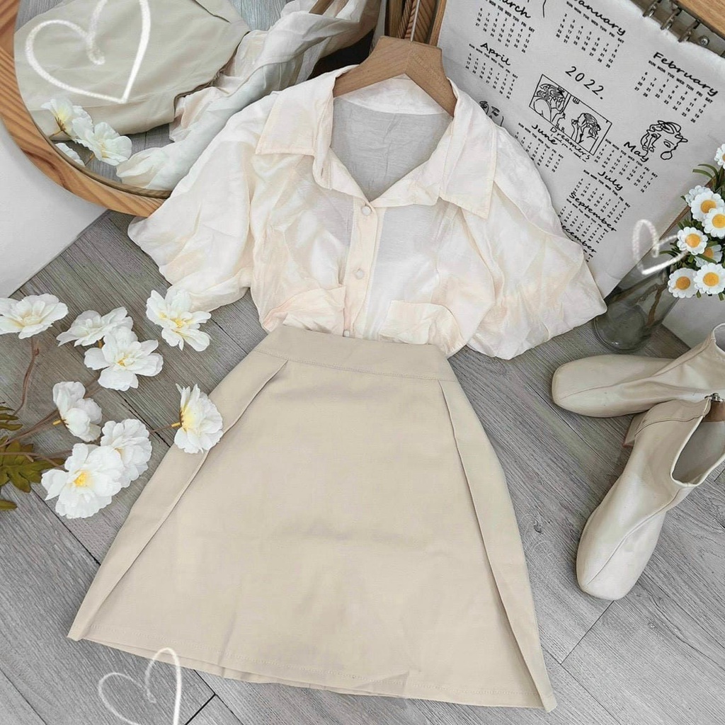 Set Áo Sơ Mi Tay Bồng Phối Chân Váy