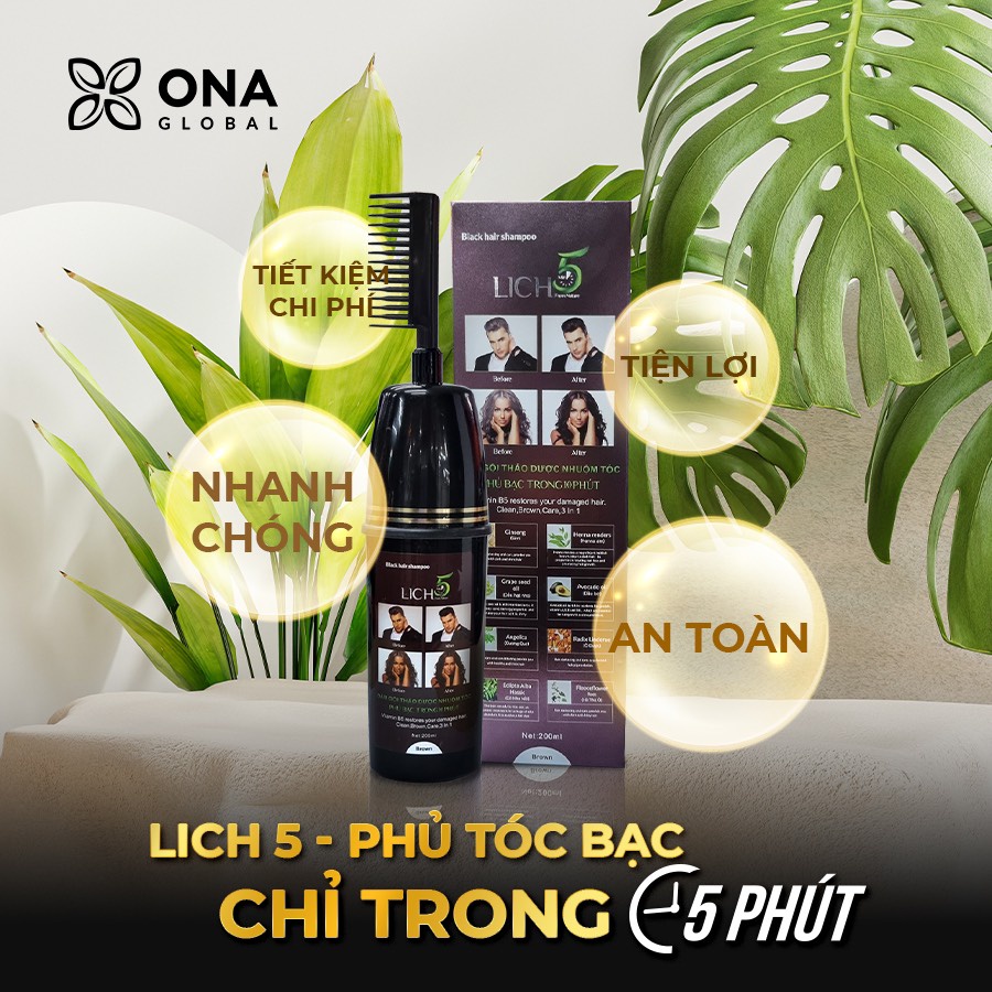 Dầu Gội Lich5 - Thảo Dược Đen Tóc Cocayhoala làm đen tóc trong 5 phút - Chai lược chải tiện dụng 200ml