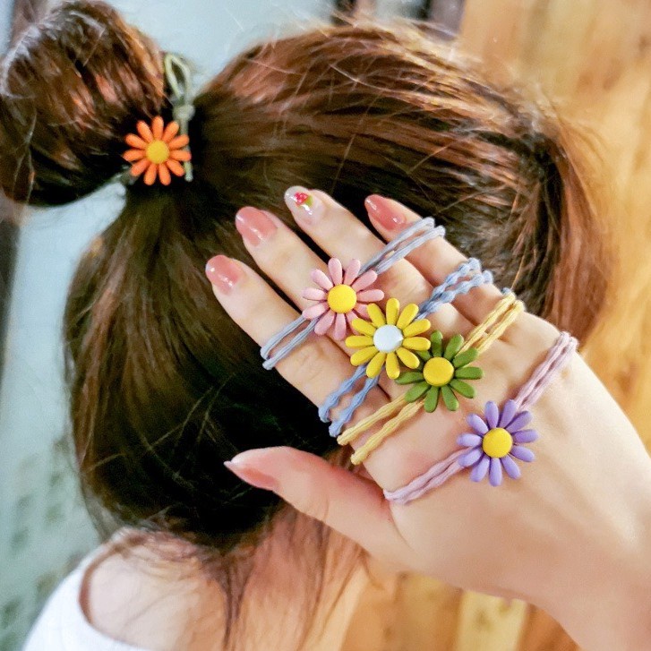 Dây Buộc Tóc Cao Su Co Giãn Màu Sắc Cầu Vồng Họa Tiết Hoa Cúc Xinh Xắn Cho Bé Gái