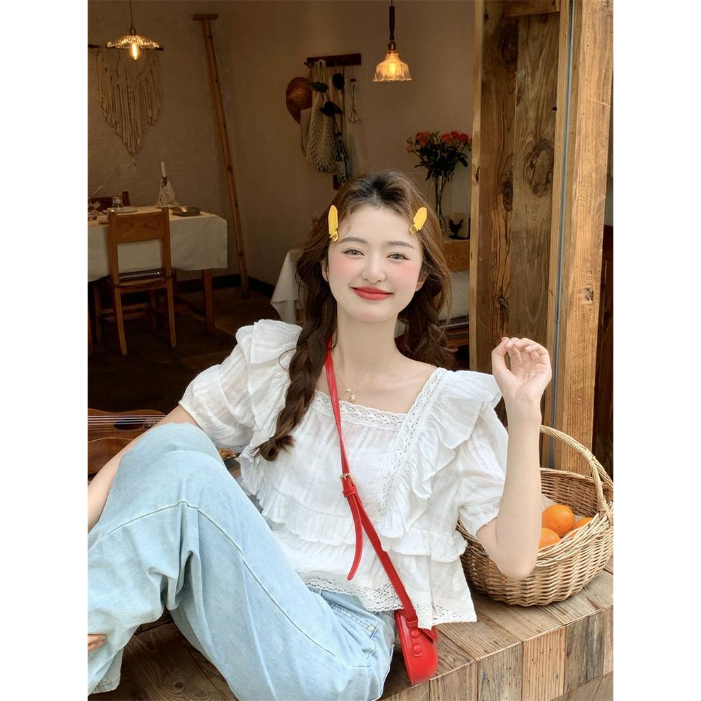 Áo Kiểu Cổ Vuông Tay Ngắn Phối Ren Phong Cách Mới 63225