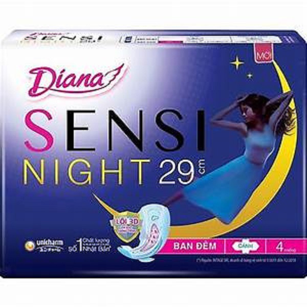 Băng Vệ Sinh Diana Sensi Ban Đêm Night 29cm Gói 4 Miếng Số 1 Nhật Bản Tha Hồ Ngon Giấc Có Cánh