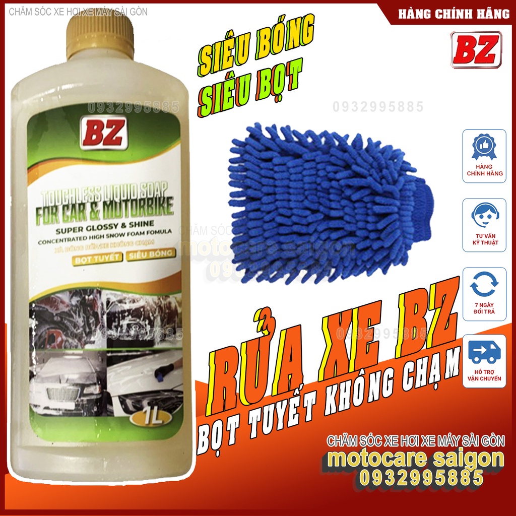 Combo nước rửa xe không chạm BZ + cọ cán đen  5 cây + găng tay + khăn vàng xám + cọ đuôi chó