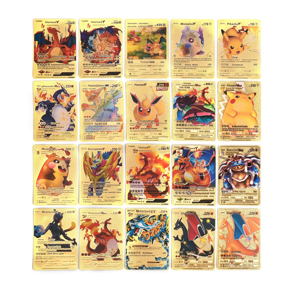 Hộp 55 thẻ game hình Pokemon tiếng anh bằng giấy nhôm vàng sưu tập dễ thương