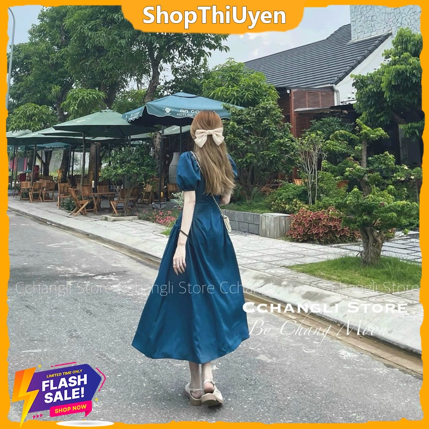 Đầm kate dài nhẹ nhàng nhún ngực tay ngắn cổ vuông form dáng xòe