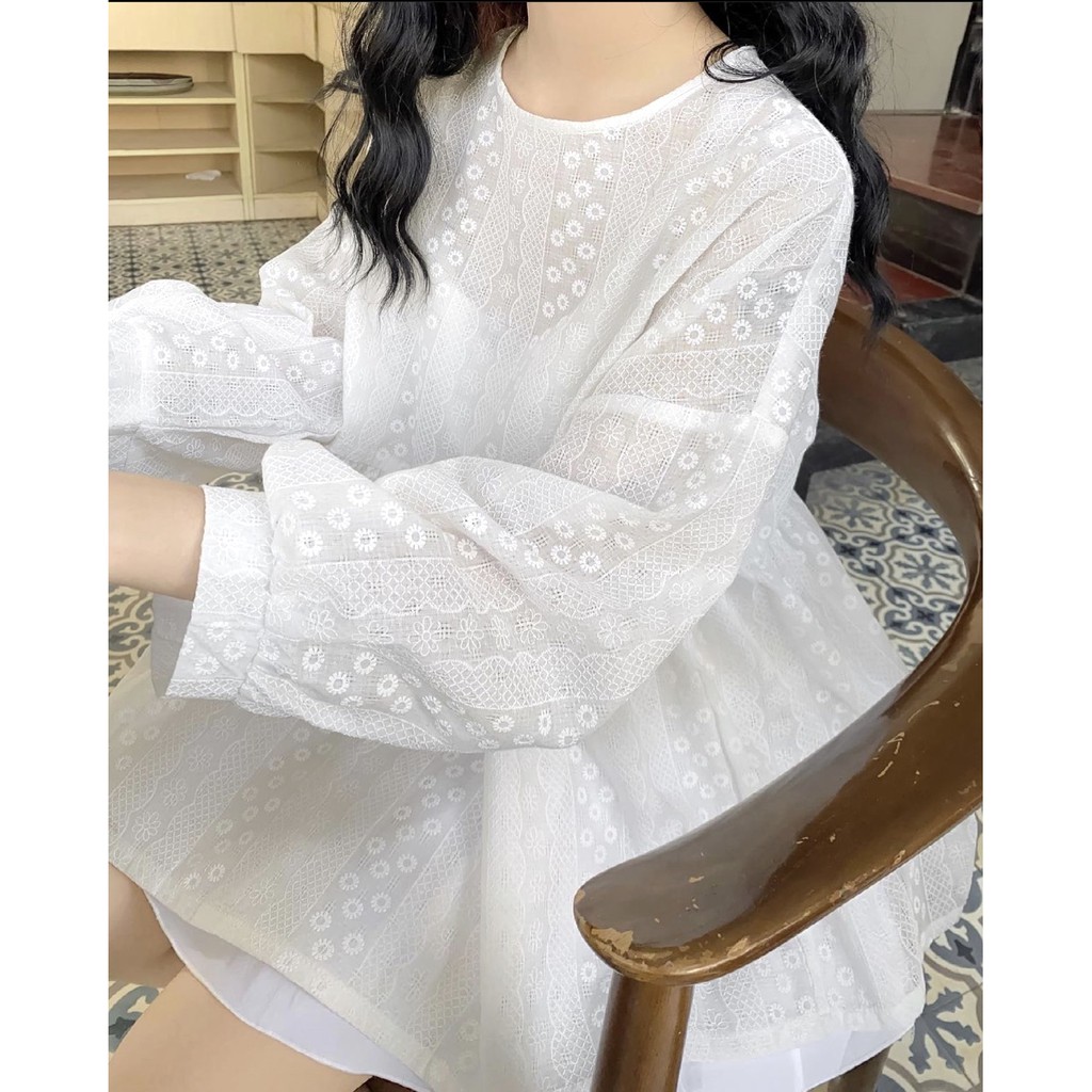 Áo Babydoll Hoa Nhí Tay Bồng Dài PEONYB Nữ [FREESHIP]  Sơ mi form rộng giấu quần màu trắng bánh bèo tiểu thư Ulzzang