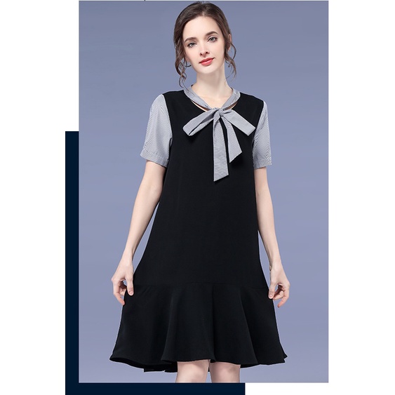 Đầm suông đuôi cá cổ phối nơ thời trang