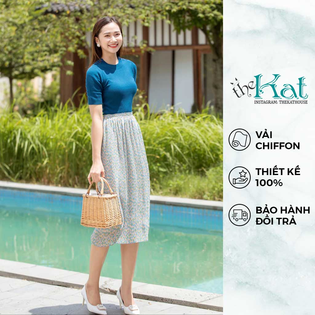 Chân Váy Xếp Ly Hoa Nhí Nhuyễn The Kat House lưng thun, dáng dài, thanh lịch, nhẹ nhàng