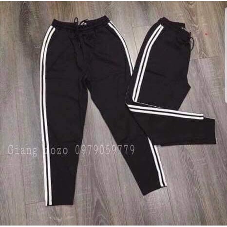 Quần jogger nữ dây rút dài 2 sọc trắng chất vải UMI hàn màu đen mềm cao cấp - Quần thể thao nữ tập gym bo ống thun trơn