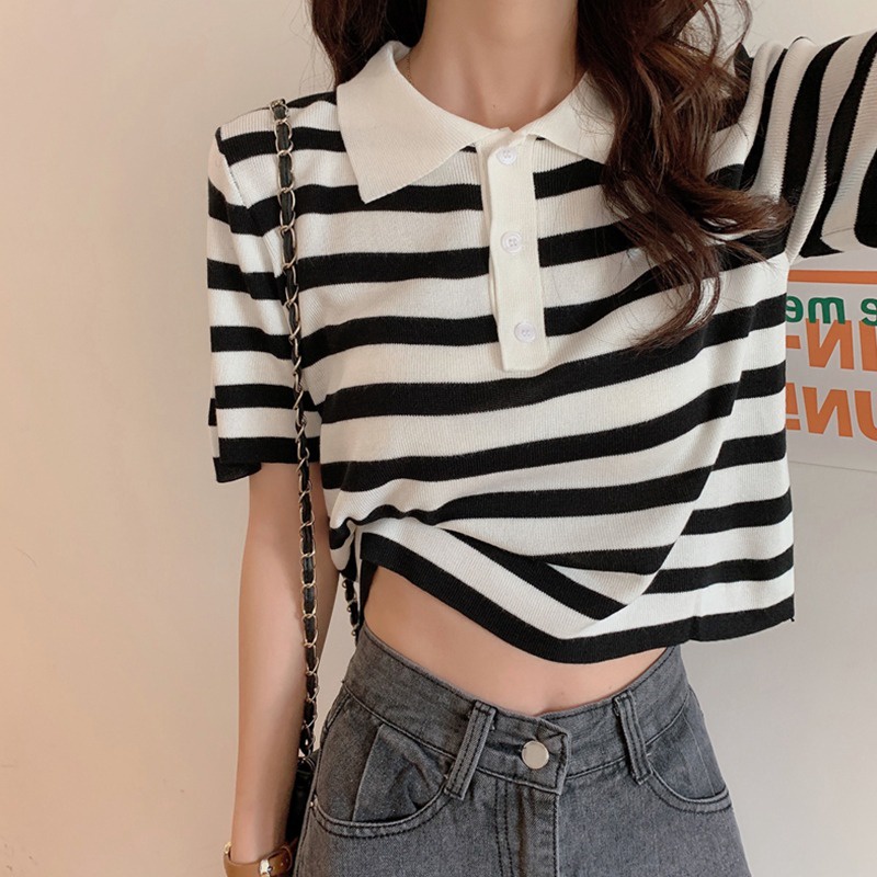 Áo thun ZHELIHANGFEI cổ polo dệt kim tay ngắn họa tiết sọc ngang thời trang cho nữ