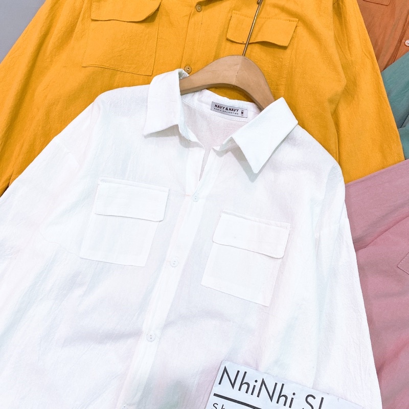 Xả hàng - Áo sơ mi thô nhăn thụng 2 túi, Áo kiểu dáng rộng dài tay SM7512 - NhiNhi Shop