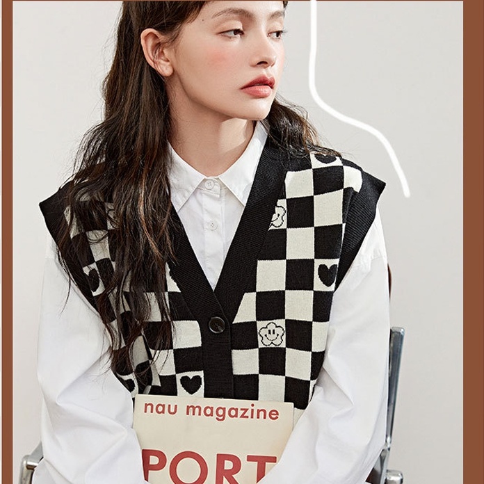 SUXI Áo sweater nữ không tay họa tiết sọc caro thời trang mới mùa thu phong cách Hàn Quốc