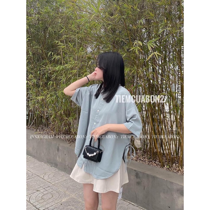 Áo Sơ Mi  Nữ Tay Lỡ Hàn Quốc Nơ Eo Rút Dây 2 Bên Dày Mịn Thoáng Mát Thiết Kế Thời Trang Kiểu Dáng Năng Động Trẻ Trung