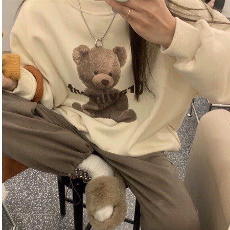 Set nỉ bông nữ in gấu 3D GRAVIME - Áo sweater nữ form rộng và quần nỉ nữ ống bom HOT TREND