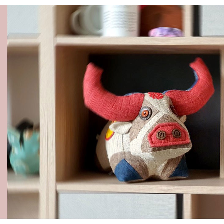 Đồ Chơi Nhồi Bông Hình Trâu Thịnh Vượng Phong Thủy Kymviet Cao Cấp Craft Vải Thổ Cẩm Truyền Thống