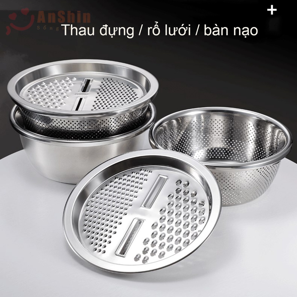 Bộ thau rổ Inox cao cấp có bàn nạo đa năng - có thể dùng đun trên bếp