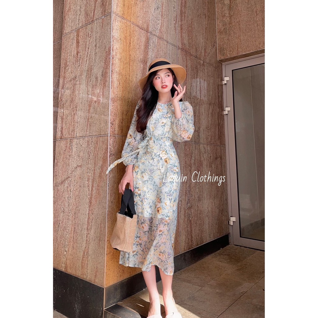Đầm hoa tơ hàn - voan - cột eo