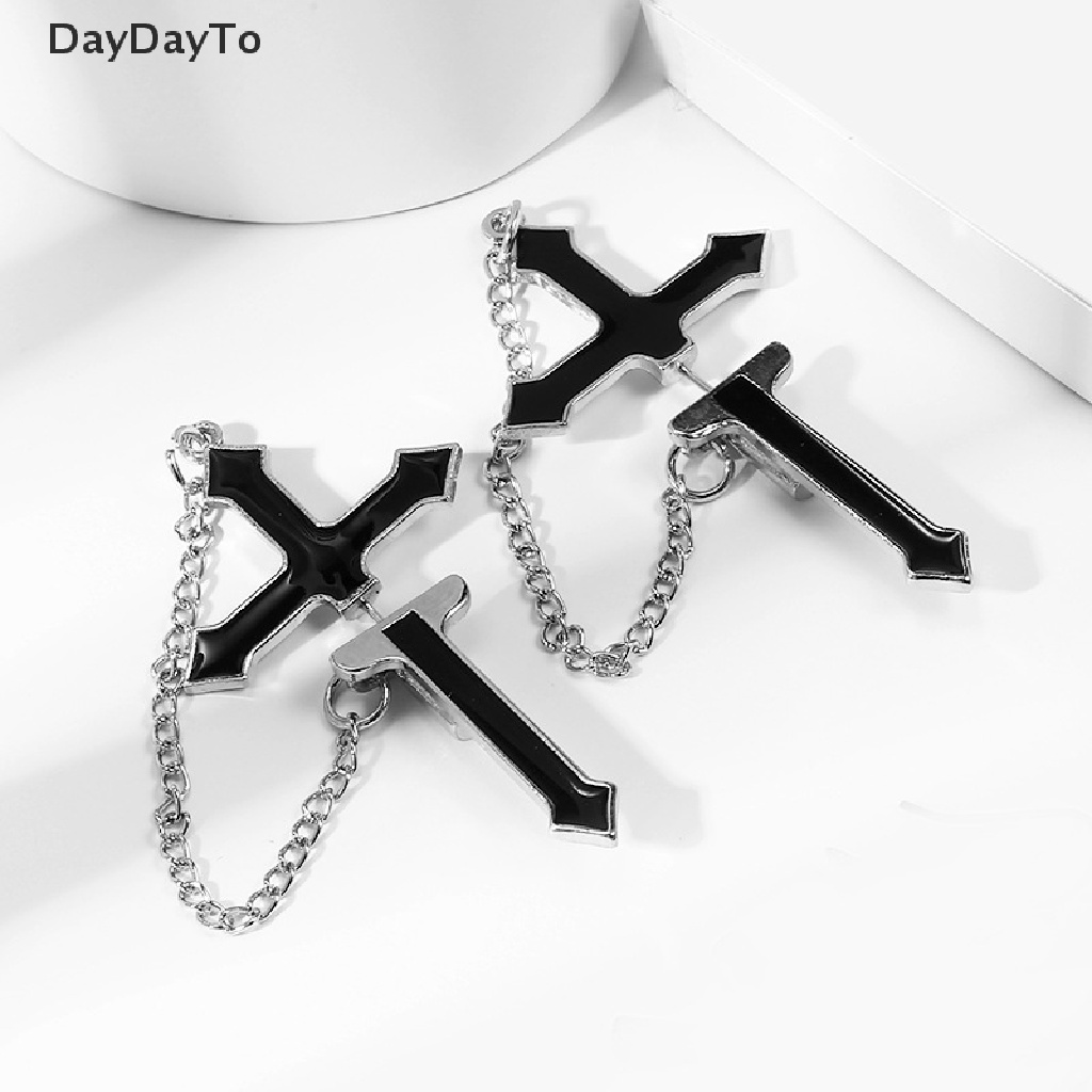 Khuyên Tai Chuỗi Dài Mặt Thánh Giá Màu Đen Phong Cách Punk Cổ Điển