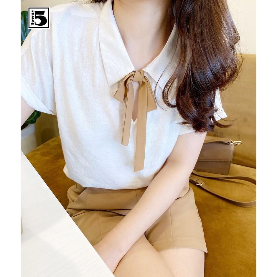 Áo sơ mi nữ cổ đức tay liền buộc nơ cổ Twentyfive M1107