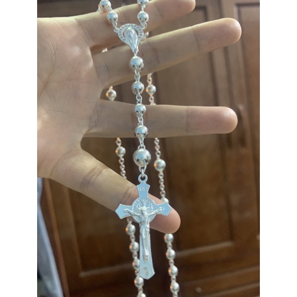 Dây bi to 5-6li trơn liền mặt thánh giá chúa đức mẹ rất dài 60cm bạc ta