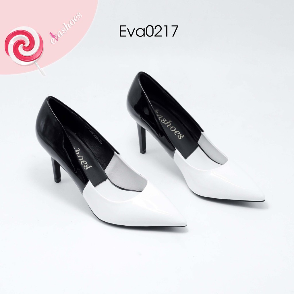 Giày Cao Gót Nữ Đen Trắng Mũi Nhọn Da Bóng Cao 7Cm Evashoes - EVA0217