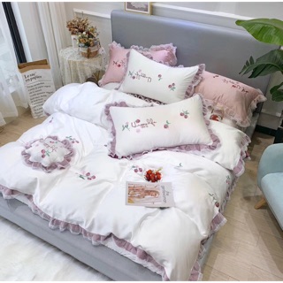 Tencel thêu dâu-bộ chăn ga Tencel cao cấp, 2 màu hồng+trắng