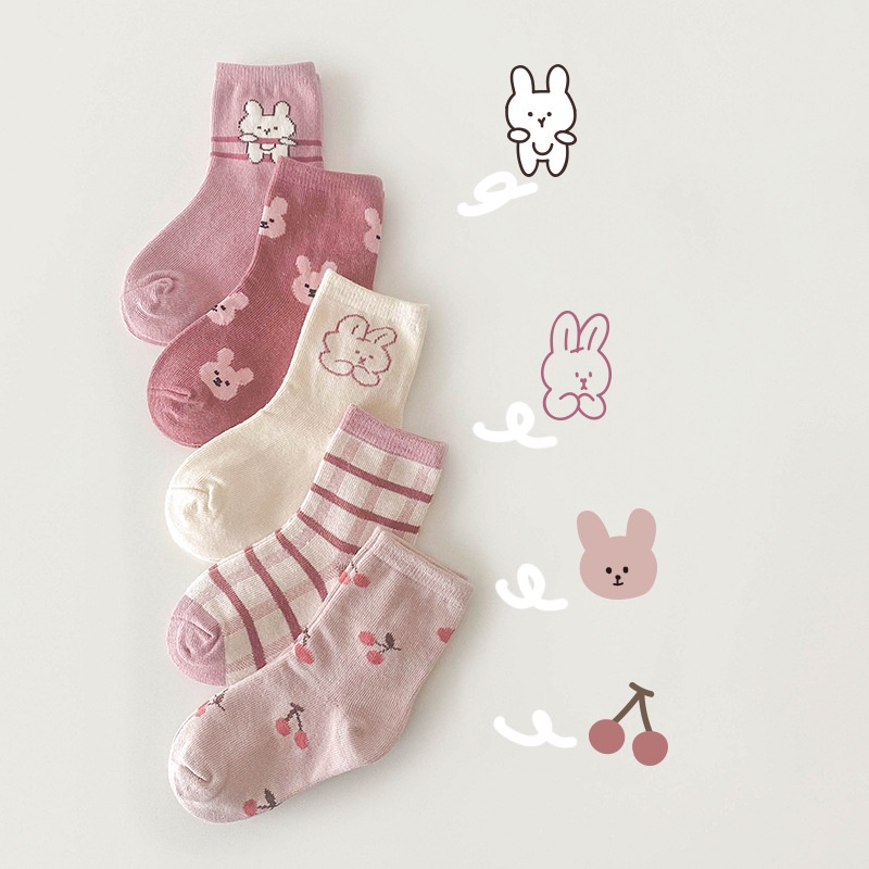 Set 5 Đôi Tất Cotton Cho Bé gái (1-12 Tuổi) Hoạ Tiết Thỏ Hồng Đáng Yêu