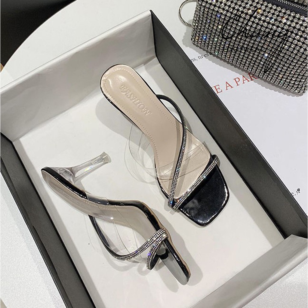 Guốc cao gót quai mảnh đính đá, Guốc nữ mũi vuông cao 7cm (form rộng lùi 1 size) - Mã 1866