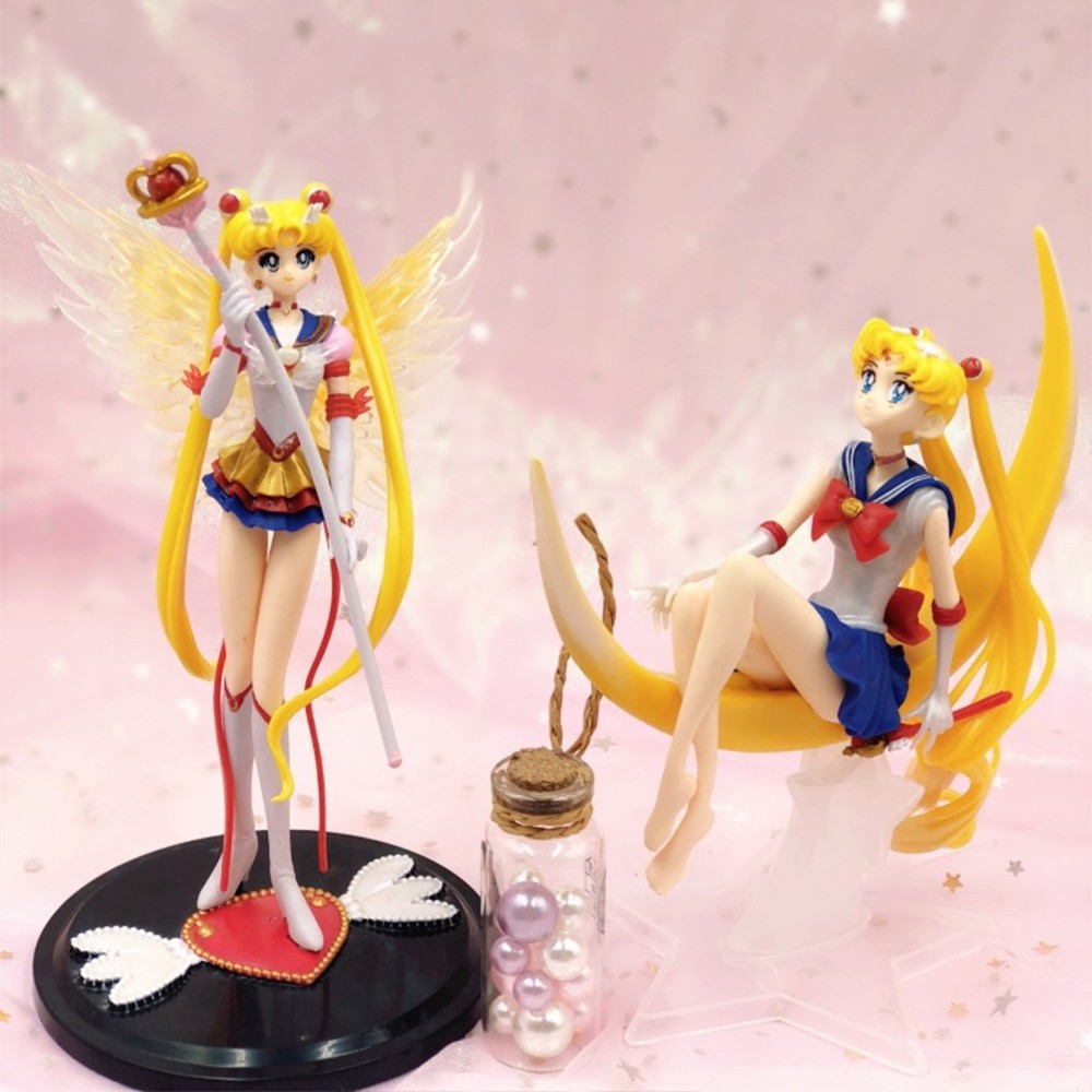 Đồ chơi mô hình nhân vật Sailor Moon Usagi - Thủy Thủ Mặt Trăng Anime có cánh cầm Trượng kèm giá đỡ trang trí bàn học