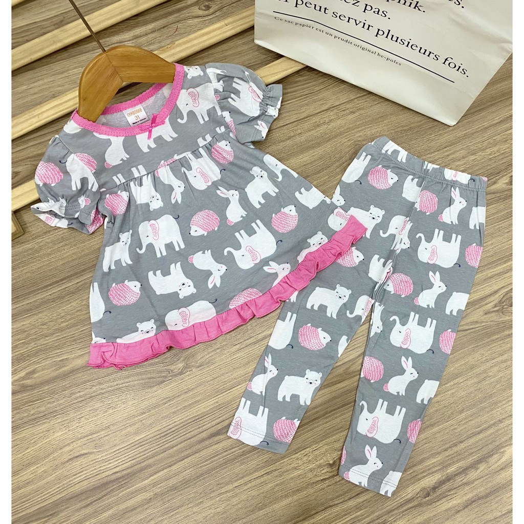 Bộ tay ngắn quần dài babydoll cotton bé gái 9-23Kg