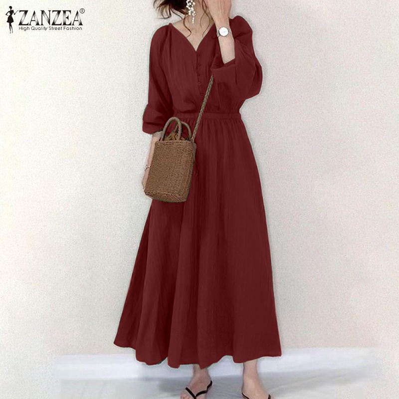 Đầm maxi Zanzea tay dài cổ chữ V thanh lịch dành cho nữ