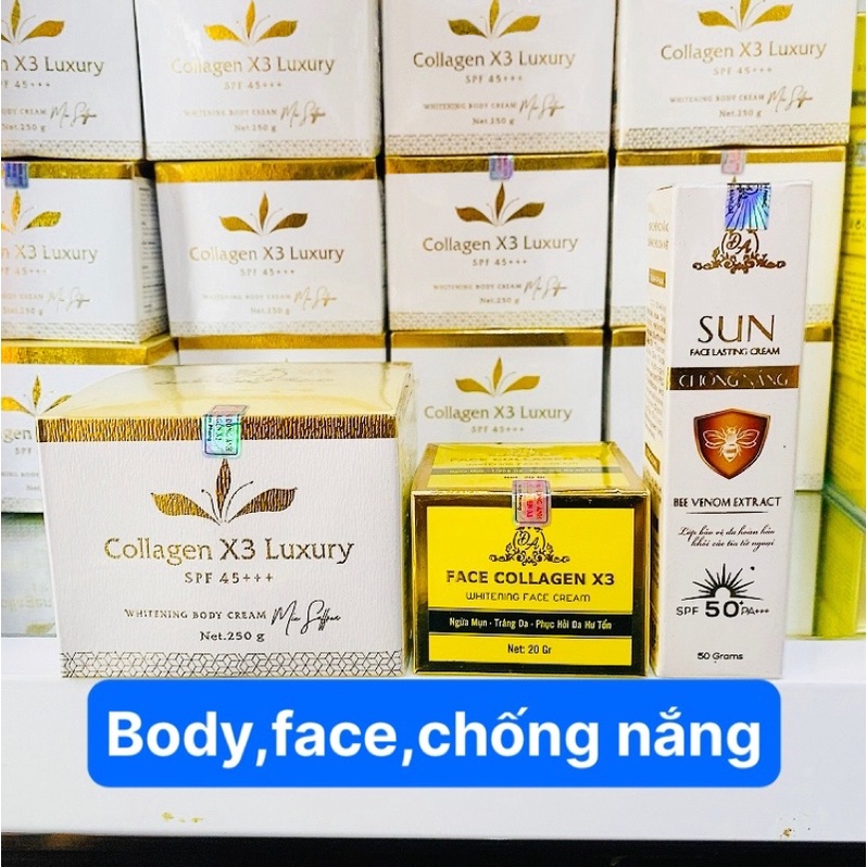 Combo kem body Collagen X3 Luxury + Kem face + Kem chống nắng Mỹ phẩm Đông Anh Colagen X3