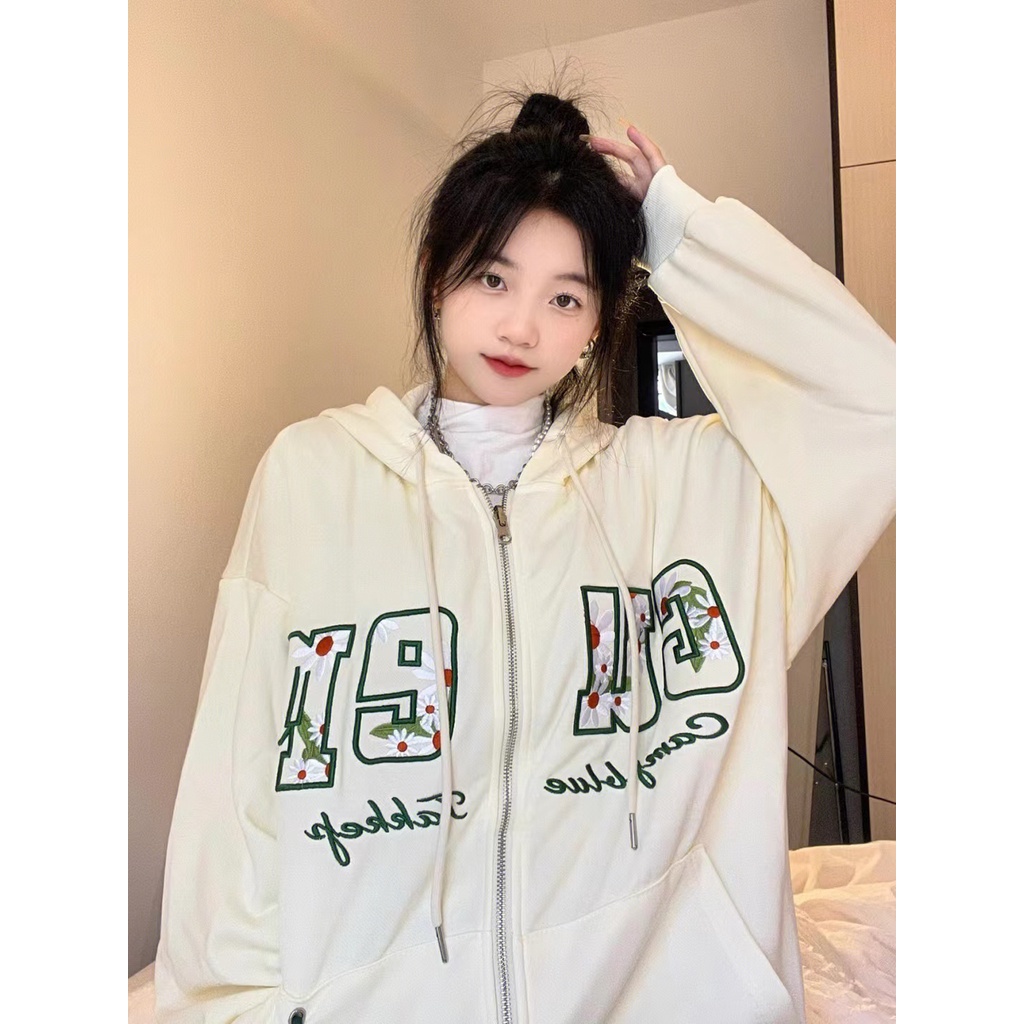 ZHELIHANGFEI Áo sơ mi hở có mũ trùm đầu in chữ thời trang trường đại học lỏng lẻo