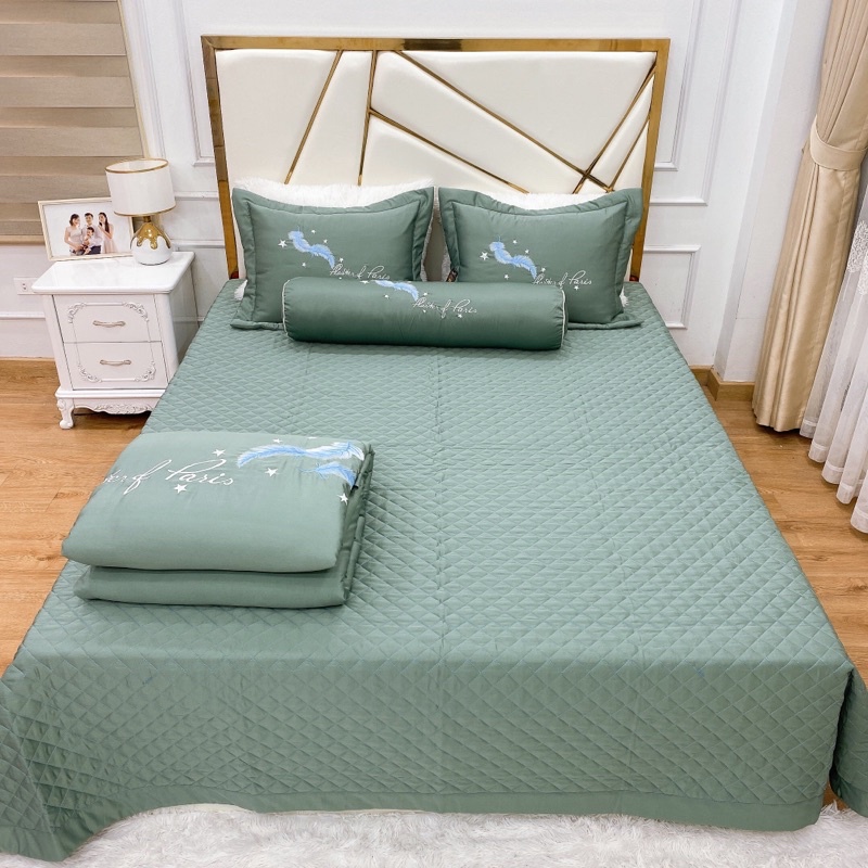 Sét Chăn Ga Gối 5 Món Trần Bông Phi Lụa,Đường Trần Tỉ Mỉ ,Sắc Nét ,Drap Giường Phủ