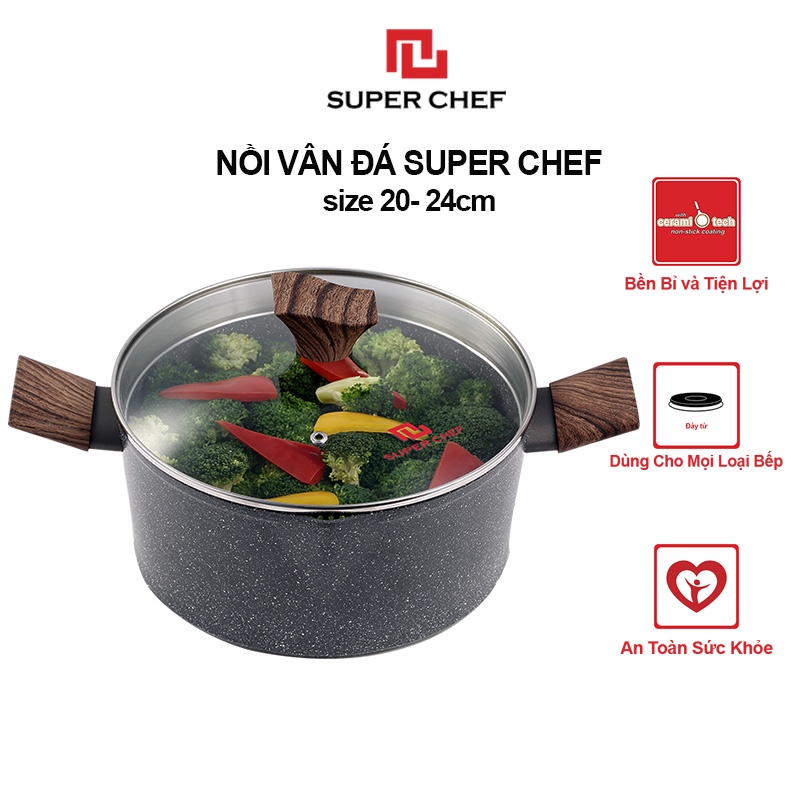 [Mã BMBAU50 giảm 7% đơn 99K] Nồi Vân Đá Đáy Từ Super Chef Dày 4mm Siêu Bền Bỉ, Sang Trọng Kèm Nắp Kính ( 20-24cm)