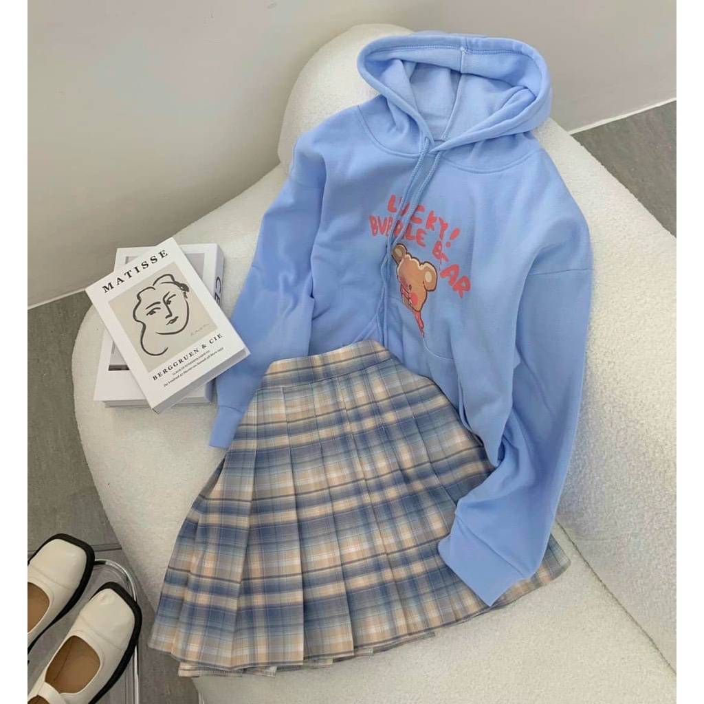 Set hoodie nữ, áo hoodie nữ có nón tông màu xanh trẻ trung kèm chân váy caro xếp ly dễ thương hàng cao cấp Diểm Shop | BigBuy360 - bigbuy360.vn