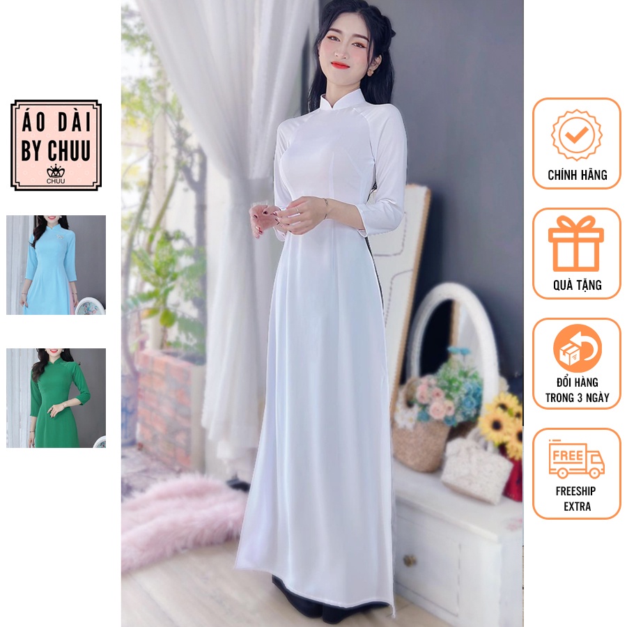Áo dài trắng học sinh tay bồng lụa trơn không kèm quần CHUU AD8013