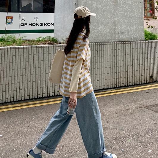 quần bò nữ straight-leg mopping daddy pants Korean loose drape high-waisted wide-leg pants