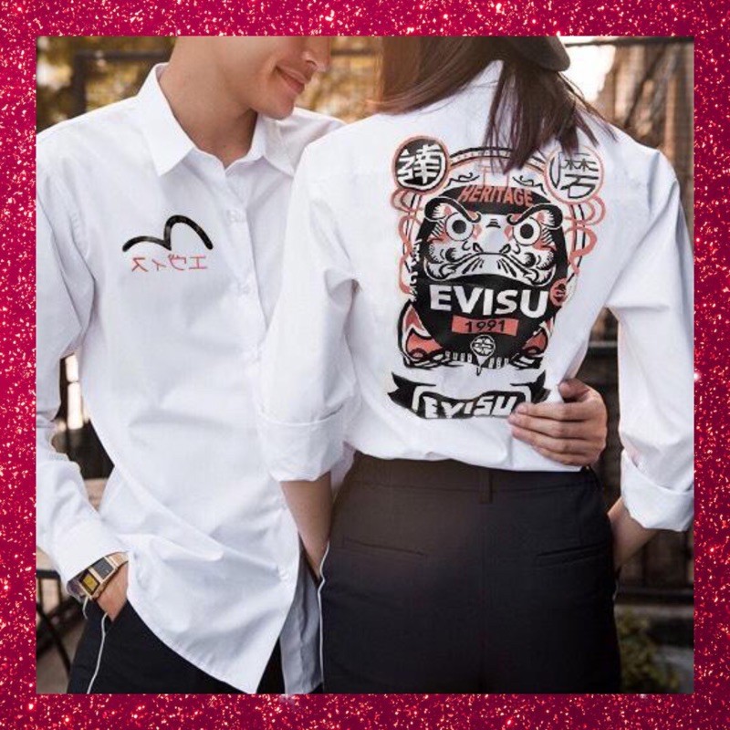 ÁO SƠ MI NAM NỮ IN CHỮ EVISU 1991 HAI MẶT TRẮNG ĐEN | BigBuy360 - bigbuy360.vn