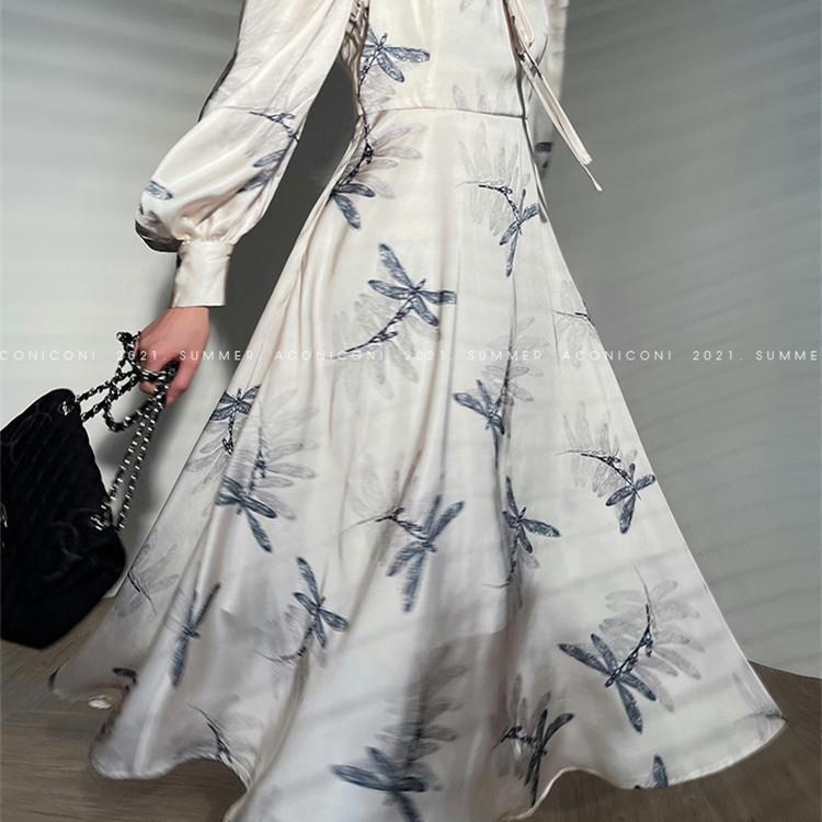 Đầm Lụa satin Cao Cấp Tay Phồng Dài In Họa Tiết Phong Cách Pháp Thời Trang Mùa Thu Cho Nữ