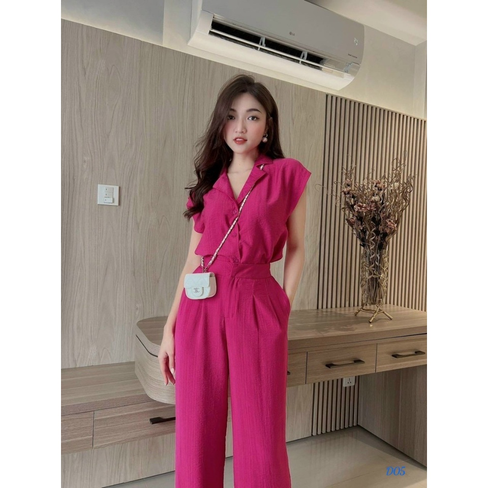 Set bộ 2 món áo và quần đi chơi phong cách cá tính sang trọng với quần dài ống suông lưng cao kèm áo sơ mi ngắn tay