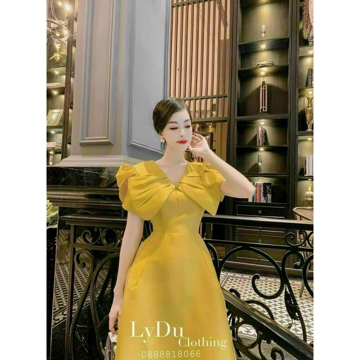 Đầm nữ thời trang mặc đi tiệc chất tapta áo cổ V phối bèo tay ngắn váy xoè như hình 100% đi tiệc sang chảnh