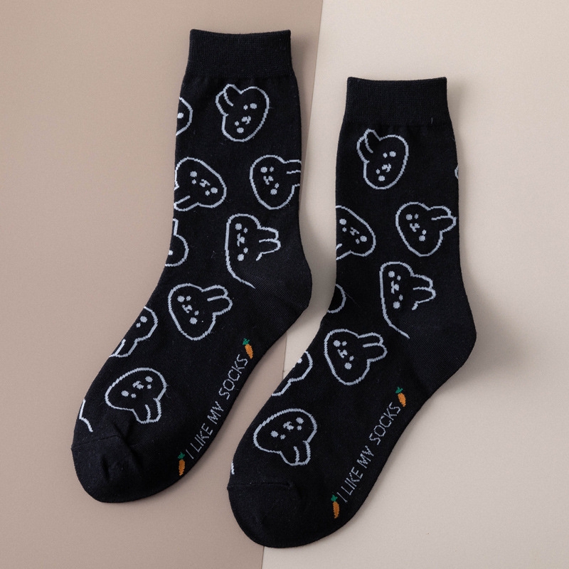 Cartoon Rabit Cotton Ladies Crew Socks Spring Cute Kawaii Animal Print Personality Black White Women Novelty Long Ankle Socks
