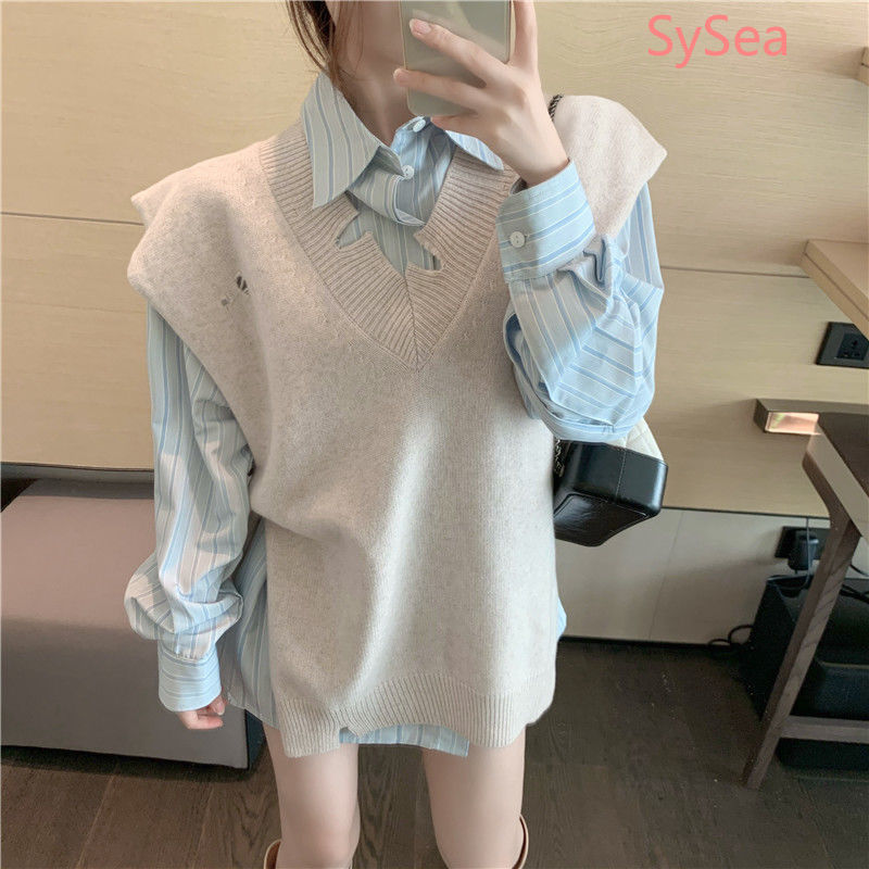 Set Áo Sơ Mi Dài Tay + Áo Khoác Len Không Tay Thời Trang Dành Cho Nữ | BigBuy360 - bigbuy360.vn