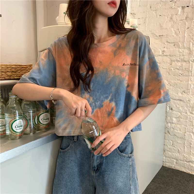 Áo thun croptop tay ngắn nhuộm màu loang thời trang cho nữ