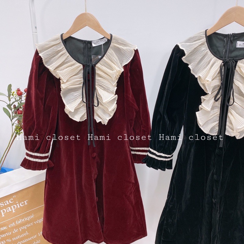 Váy nhung viền bèo tiêu thư hàng quảng châu cao cấp