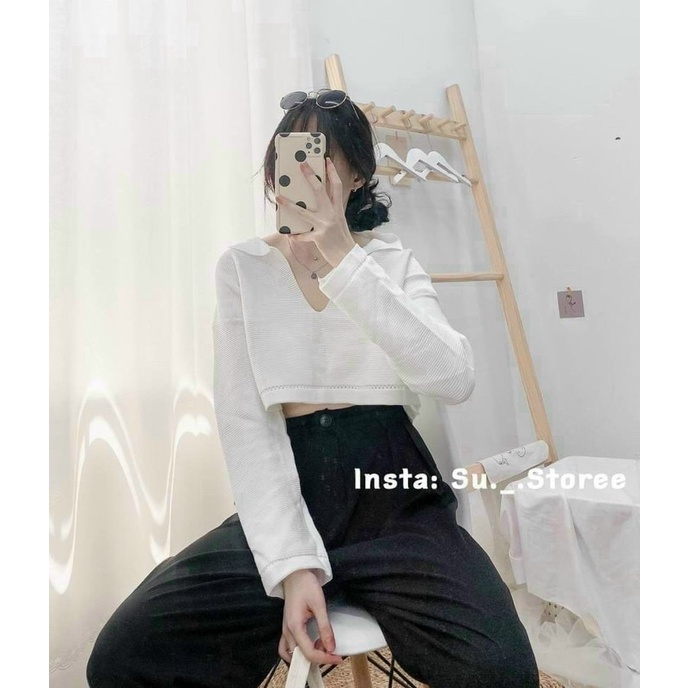 BÁN SỈ ÁO LEN CROPTOP CỔ BẺ DÀI TAY 5 MÀU CHO NỮ