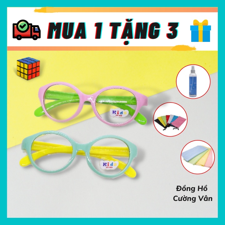 Mắt Kính Trẻ Em Tròn Gọng Nhựa Nhiều Màu Thời Trang Siêu Ngầu Cute Thay Được Tròng Cận Thị, Chống Bụi Đi Đêm Cho Bé Gái
