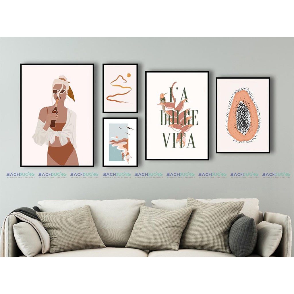 Bộ 5 Tranh In Canvas Treo Tường Vintage, Phong Cách Bắc Âu, Tranh Phòng Khách, Phòng Ngủ, Kèm Khung