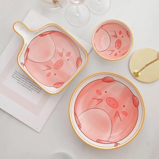 Set bát đĩa chén gốm sứ họa tiết chú lợn ỉn siêu xinh - gốm sứ cao cấp